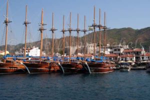 wooden gullets lined up for a Turkish Blue Cruise