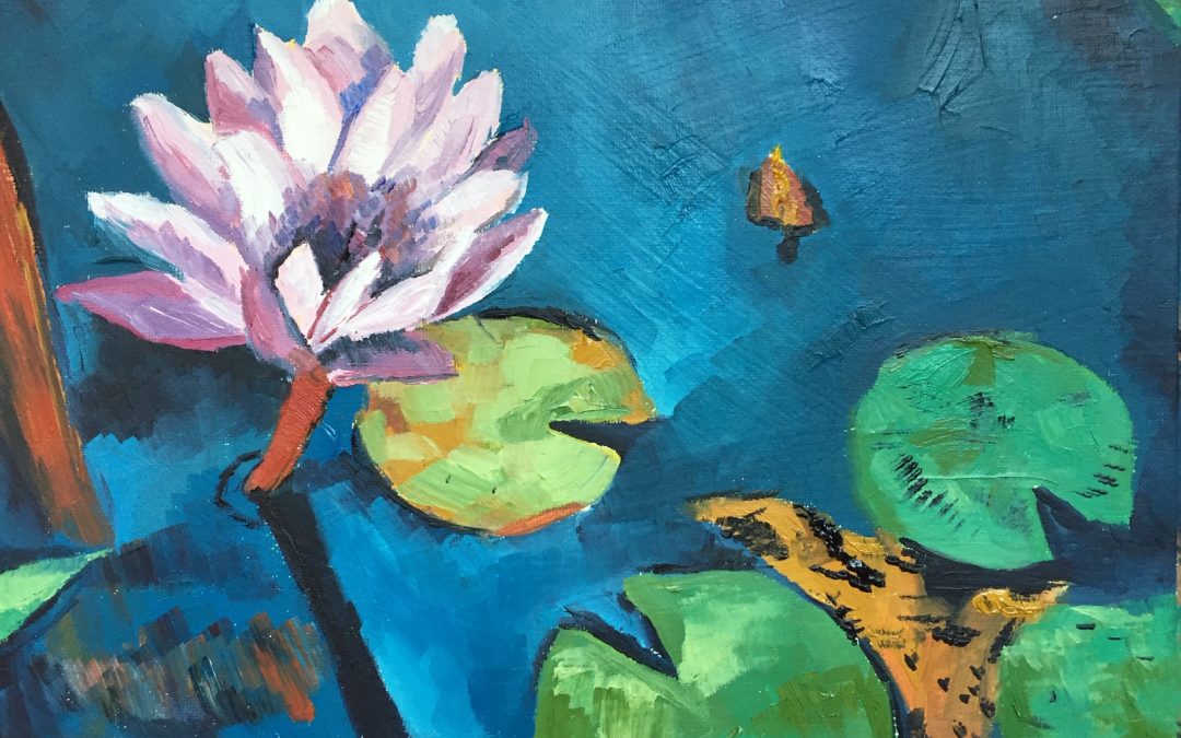 blue and green oil painting of a pink lily in slate blue water